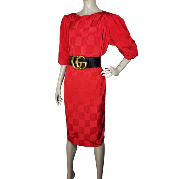 Vintage 80s Liz Claiborne Red Brocade Checker Puff Sleeve Shift Dress Size 12 - Picture 2 of 10